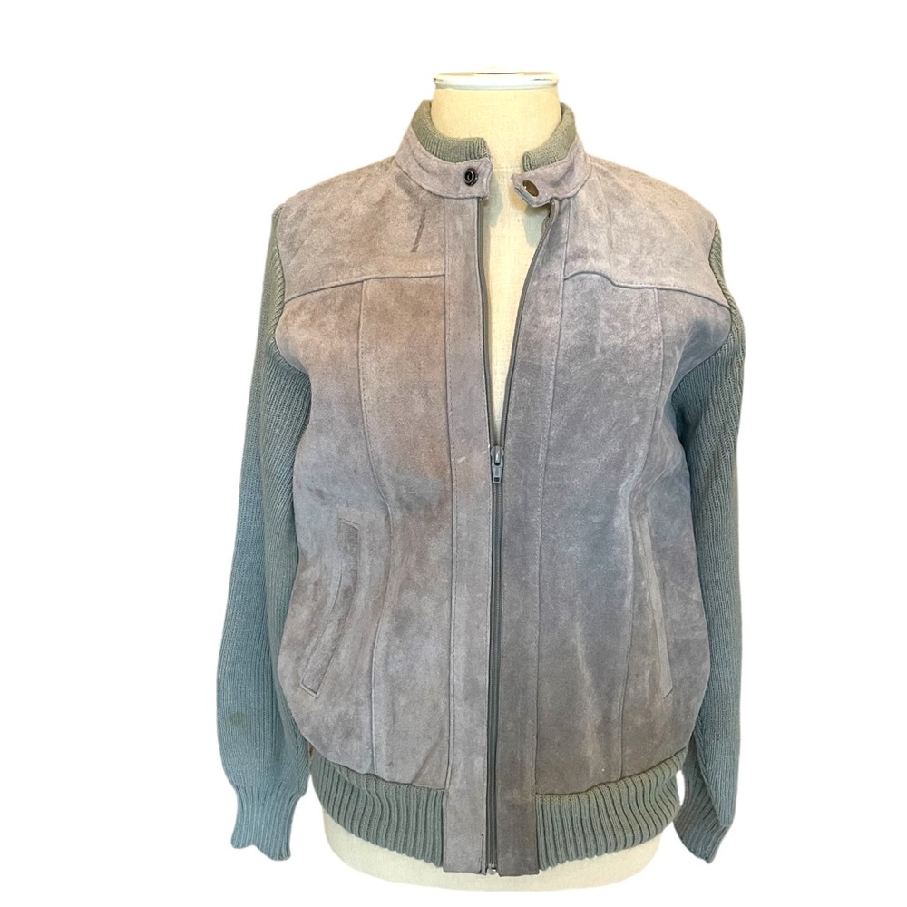 Branded Lion Vintage suede and knit sweater jacket. Snap collar, zip, lined Sz S